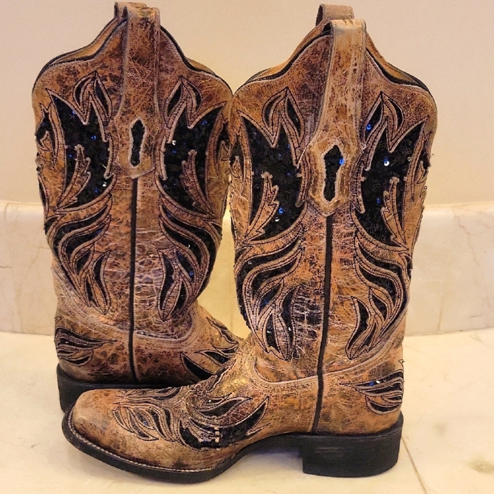 Corral Women's Western Cowboy Boots Black and Tan Leather, 7.5 - Picture 9 of 16